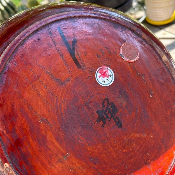 Set of 2 Wax Stamped Vintage Asian Hand Painted Floral Wooden Plates - Picture 13 of 16